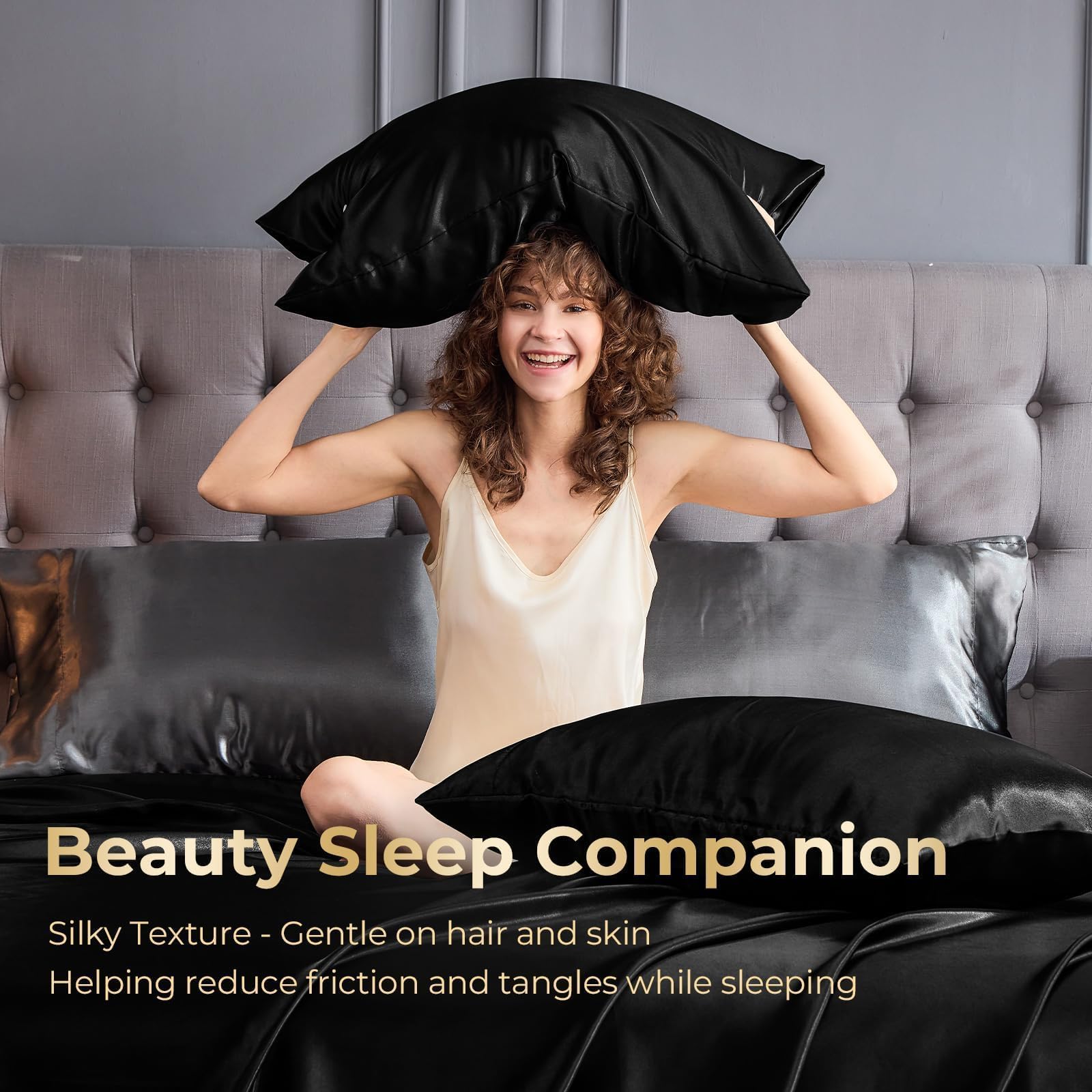 Sasttie Satin Sheets Queen - 4 Pieces Luxury Soft Black Silky Bed Sheets Set with Pillowcases - Smooth Silk-Like Drap Satin Fabric, Reinforced 14 Inches Pocket, Oeko-Tex Certified
