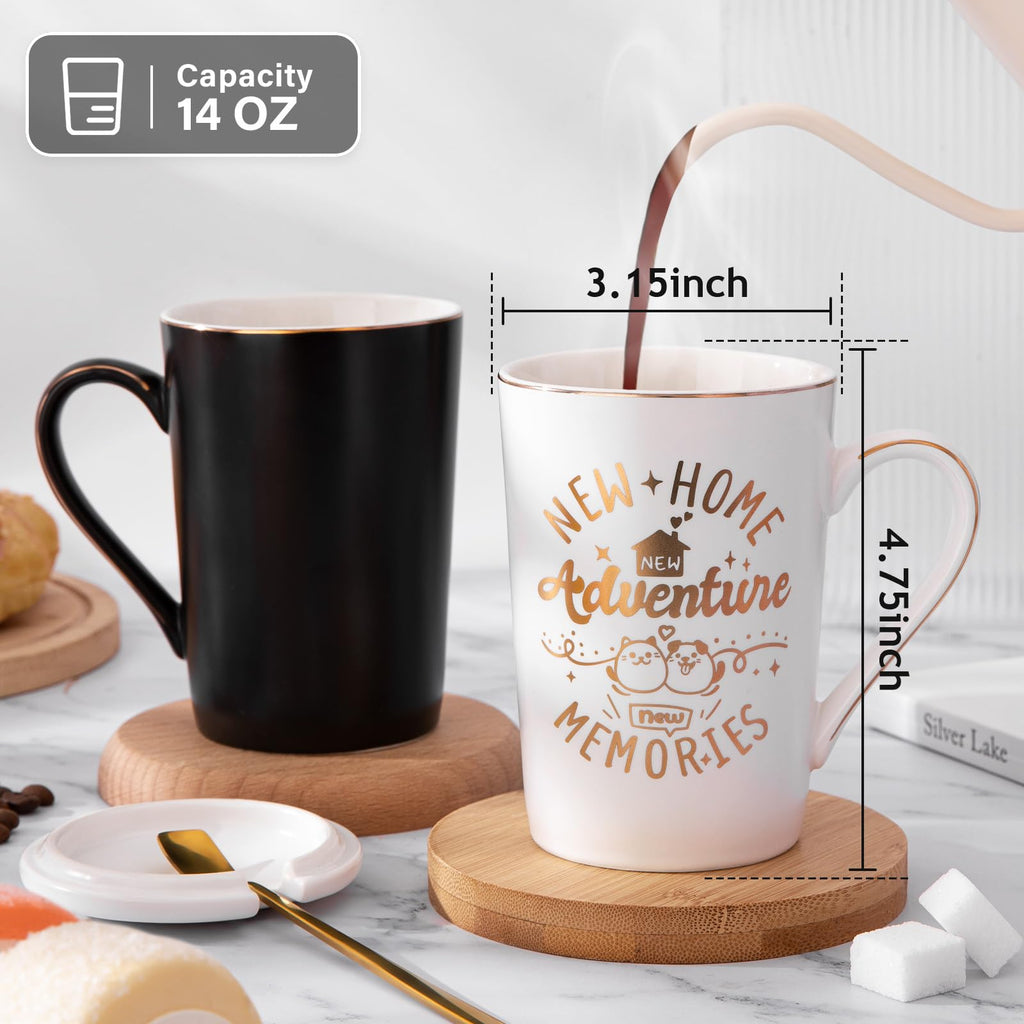 House Warming Gifts for New Home, New Home Gift Ideas for Couples, 14OZ Ceramic Couple Mug Set with Gold Spoon Greeting Card Luxury Box for Neighbor Friend