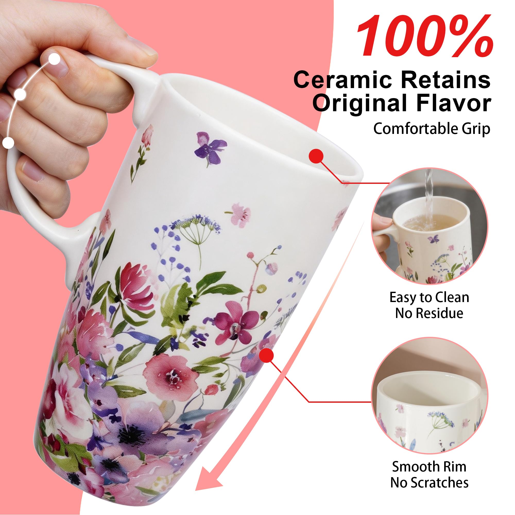 Topadorn Ceramic Mug with Lid Coffee Mug with Gift Box Latte Mug Coffee Cup,17oz.Pink Garden
