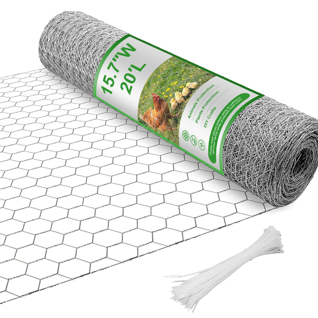 16inx20ft Chicken Wire with 50 Zip Ties, Galvanized Hexagonal Metal Mesh Wire Fencing to Protect Gardening Plants, Vegetables, Flowers, Fruits from Dogs, Rabbits Squirrels