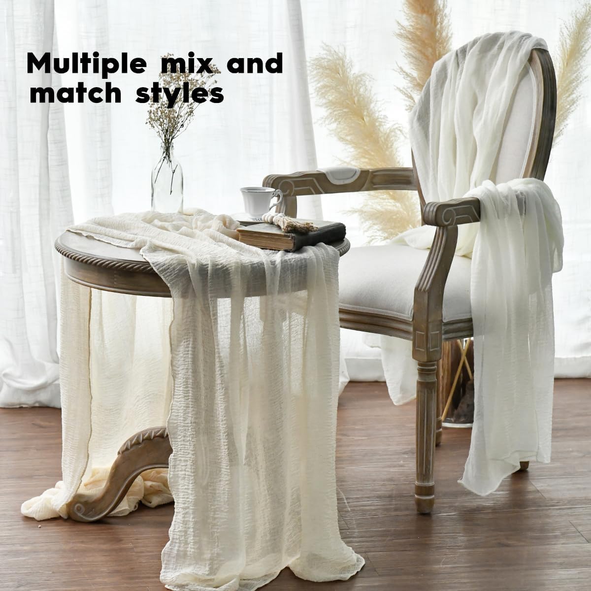 Artoid Mode Boho Beige Gauze 6 Pieces Wedding Table Runner, 300 cm Birthday Fabric Kitchen Dining Holiday Table Decor for Home Party Indoor