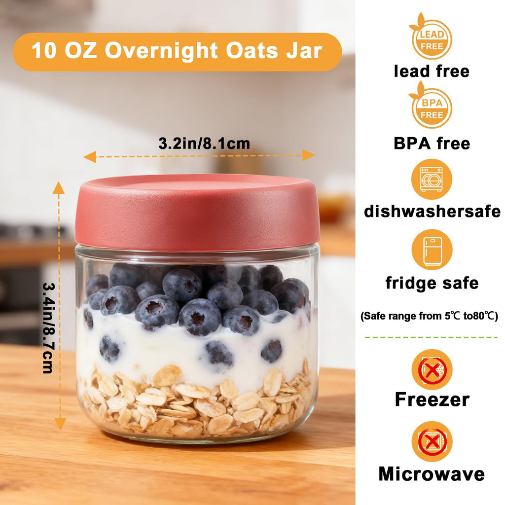 Wide Mouth Mason Jars,4 Pack 10oz Glass Overnight Oats Jar,Reusable Small Glass Jar Overnight Oats Containers with Lids for Fruit, Salad Dressing, Sauce,Cereal,Pasta,Sugar,Beans(300ml)