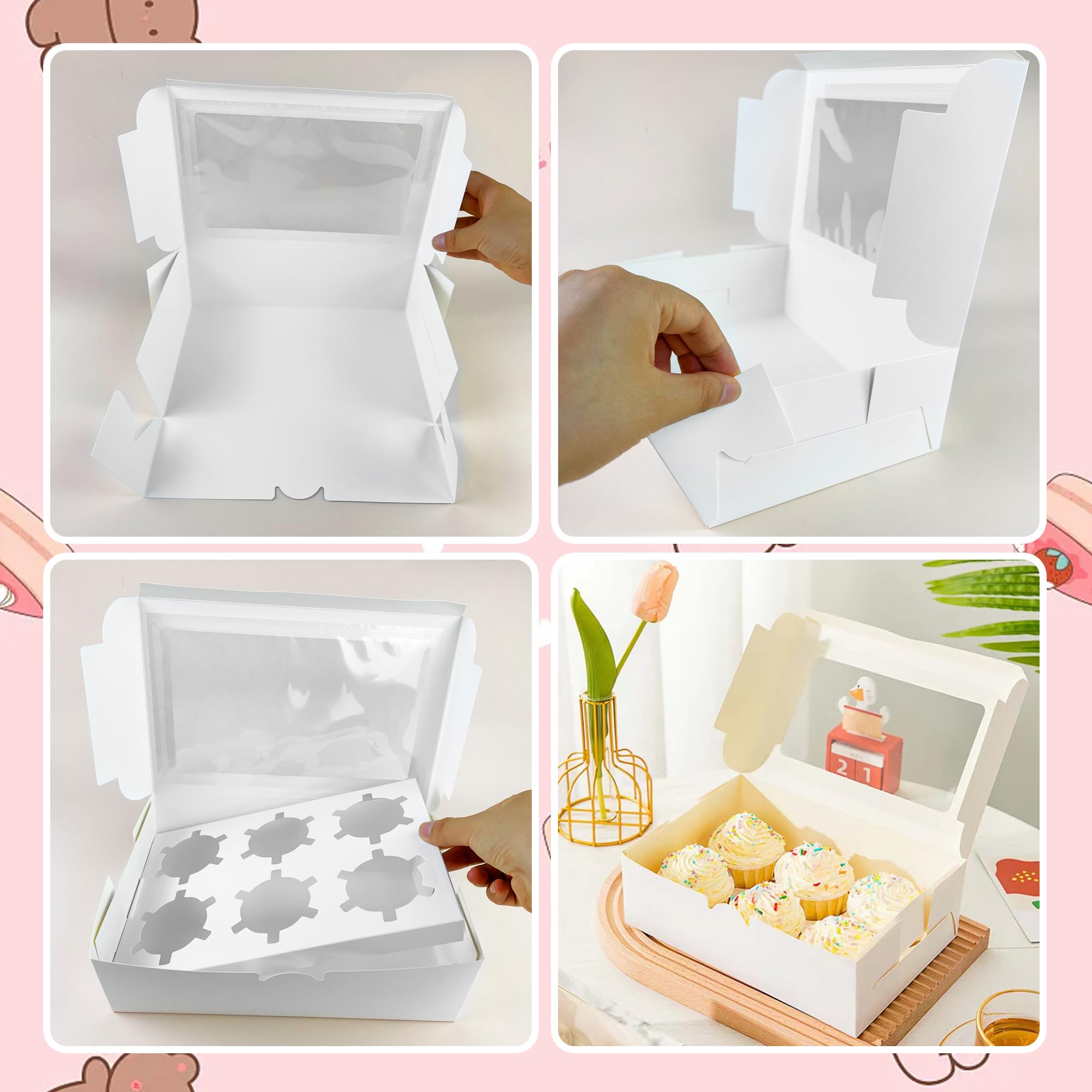 20 PCS White Paper Cupcake Boxes with 6 Cavity Cookie Gift Boxes with Clear Window 6 Treat Holder Cupcake Containers Bakery Cake Box for Birthday Party Bakery Supplies