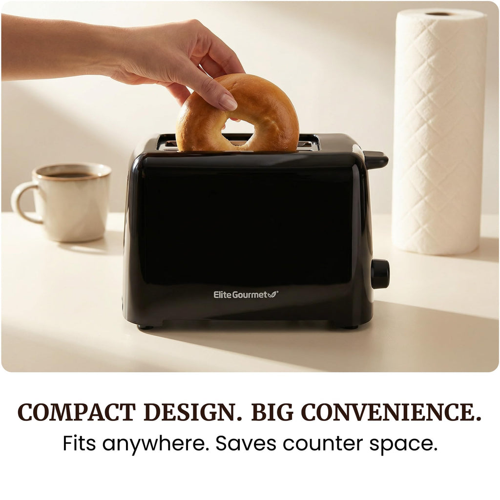 Elite Gourmet 2-Slice Cool Touch Toaster – 6 Browning Levels, Extra Wide 1.25” Slots for Bagels & Thick Bread, Cancel Function, Compact, ETL Certified, Black