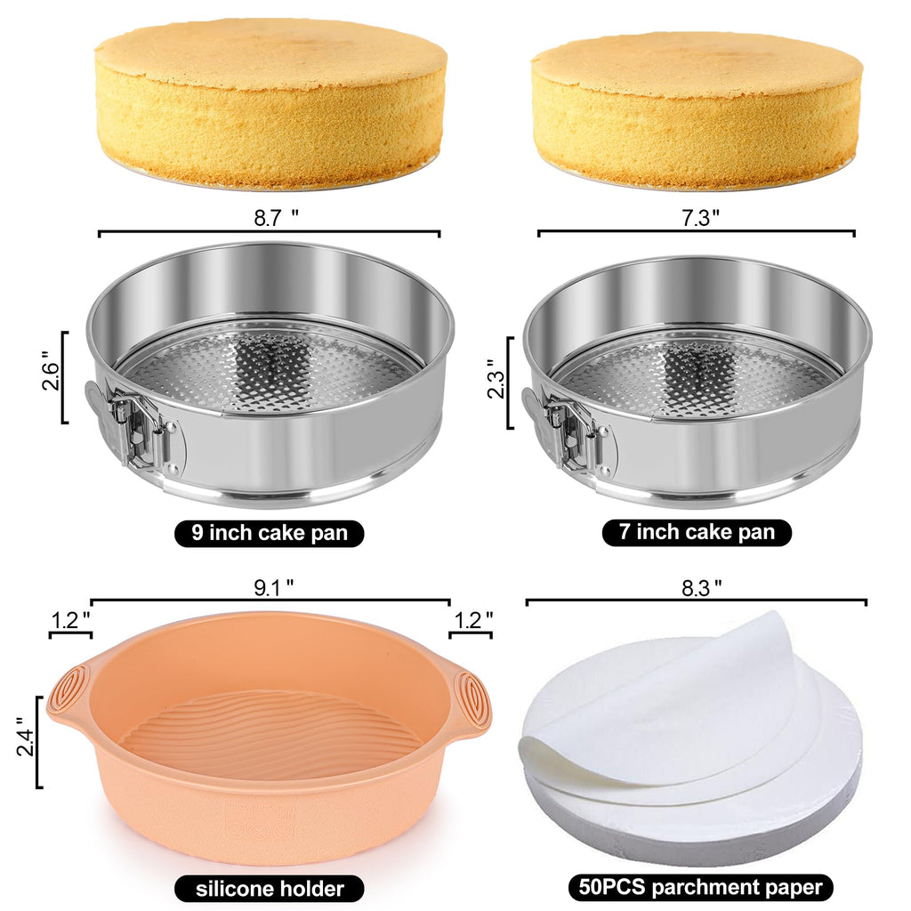 7, 9 Inch Springform Pan, Nonstick 304 Stainless Steel Cake Pans with Removable Bottom, Leakproof Springform Pan for Cheesecake with Silicone Pans Protector & 50PCS Parchment Paper, Dishwasher Safe