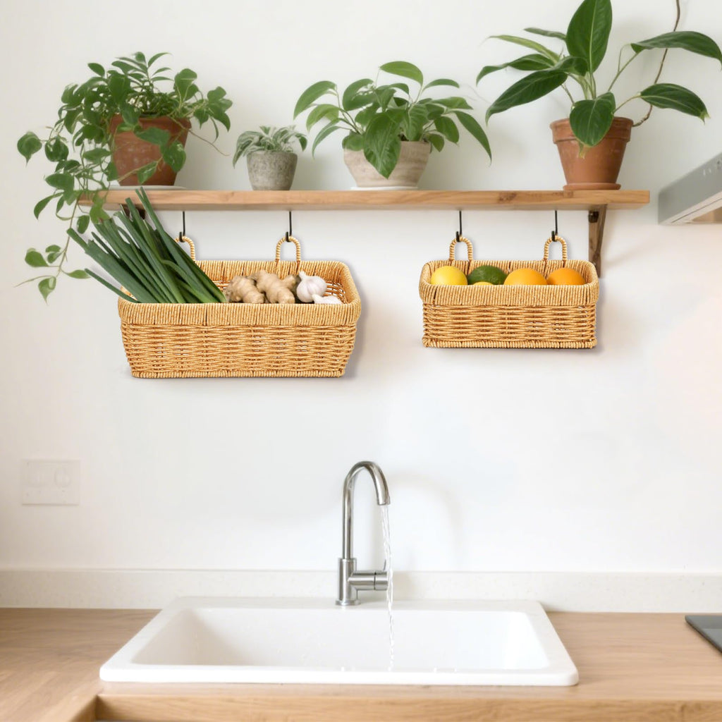 ZEAYEA Set of 2 Wall Hanging Basket, Small Hand-Woven Hanging Organizer Basket for Onion Garlic, Boho Plastic Fruit Storage Baskets with Hanger for Kitchen Bathroom Laundry Living Room Home Decor