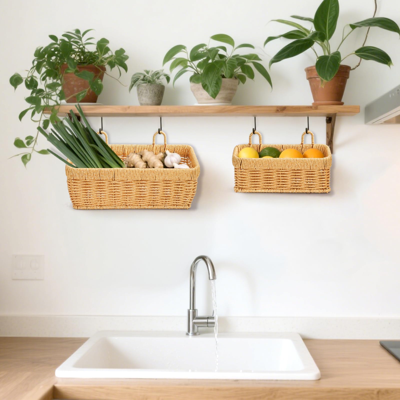 ZEAYEA Set of 2 Wall Hanging Basket, Small Hand-Woven Hanging Organizer Basket for Onion Garlic, Boho Plastic Fruit Storage Baskets with Hanger for Kitchen Bathroom Laundry Living Room Home Decor