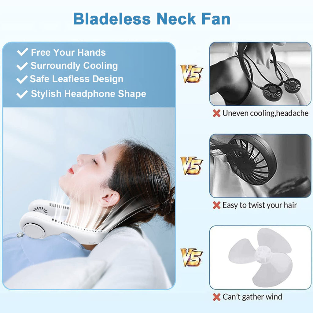 Portable Neck Fan, Rechargeable Personal Neckband Hands Free Bladeless Fan, 360° Surround Vaneless Hanging Neck Fans with 3 Speeds Adjustable for Men Women Home Office Travel, Faster Cooling (White)