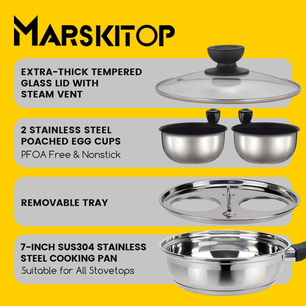 MARSKITOP Egg Poacher, Nonstick Poached Eggs Cooker, Stainless Steel Egg Poaching Pan Food Grade Safe PFOA Free