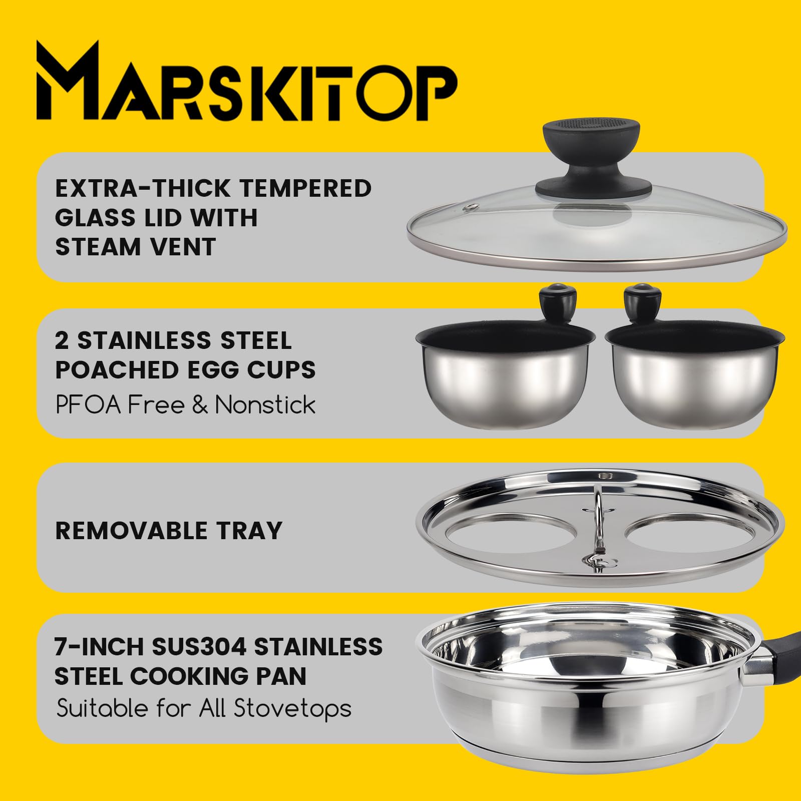 MARSKITOP Egg Poacher, Nonstick Poached Eggs Cooker, Stainless Steel Egg Poaching Pan Food Grade Safe PFOA Free