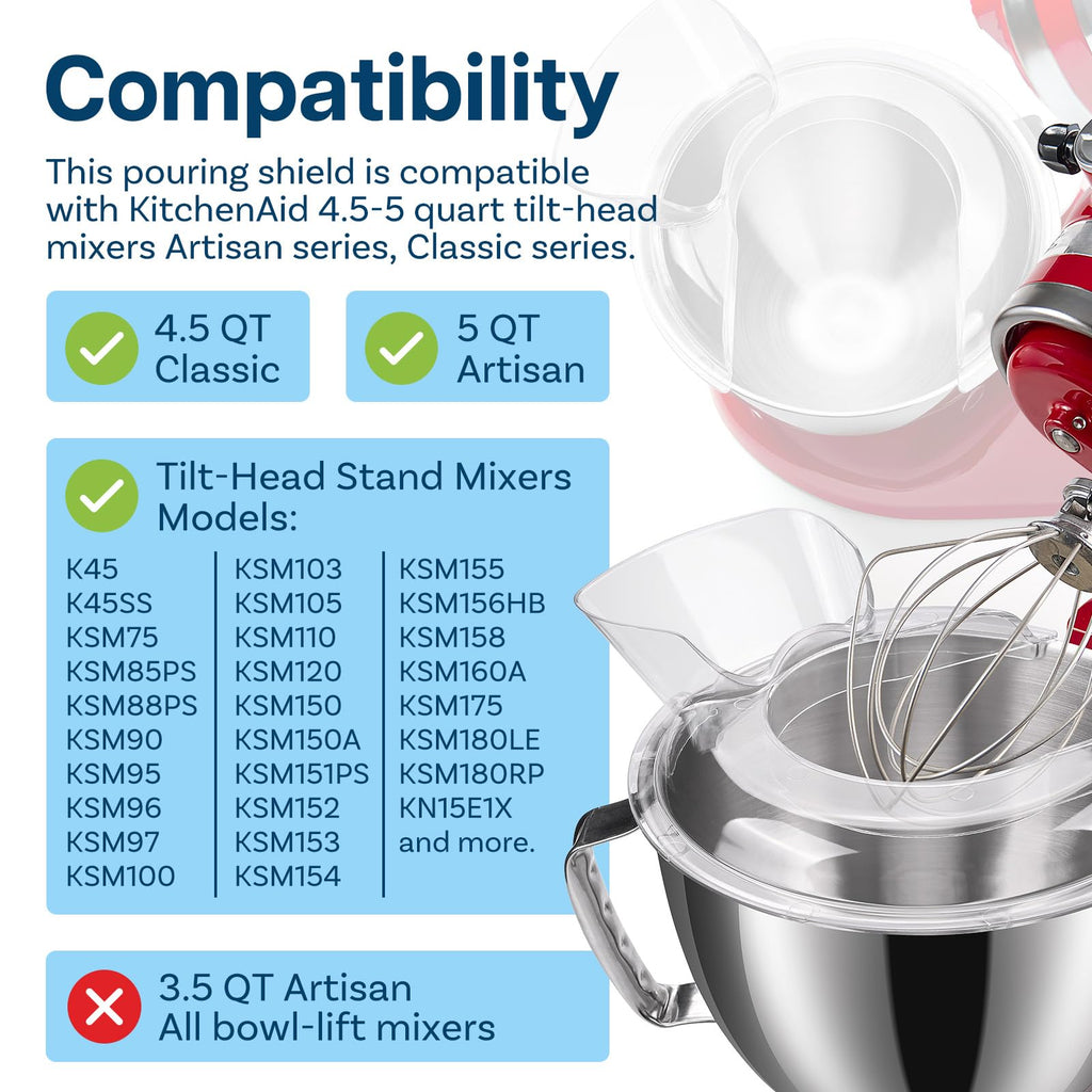 Pouring Shield for KitchenAid 4.5-5 Quart Tilt-Head Stand Mixers Artisan & Classic Series by MMOBIEL – Pouring Chute & Prevent Splattering – Splash Guard for Stainless Steel, Glass & Ceramic Bowls