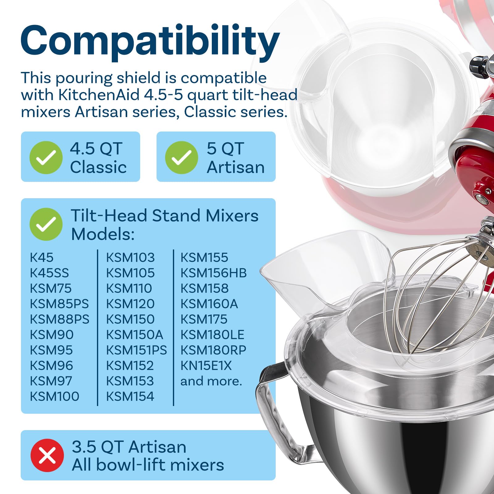 Pouring Shield for KitchenAid 4.5-5 Quart Tilt-Head Stand Mixers Artisan & Classic Series by MMOBIEL – Pouring Chute & Prevent Splattering – Splash Guard for Stainless Steel, Glass & Ceramic Bowls