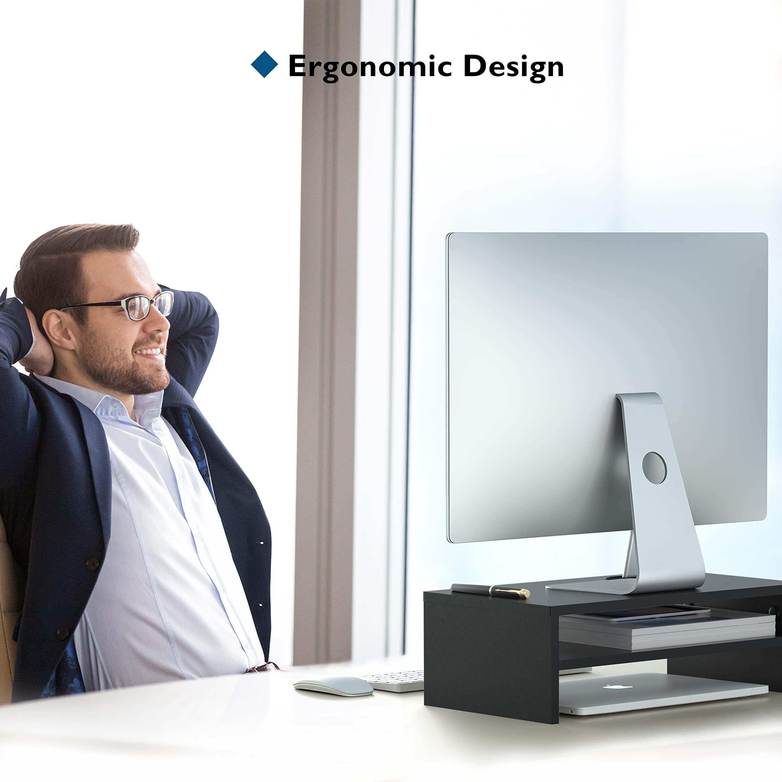 BONTEC Wood Monitor Stand Riser, Desk Monitor Stand with Smartphone Holder, Ergonomic Laptop Stand with Cable Management for Computer, Notebook, PC, 2 Tiers Black,16.5 inch