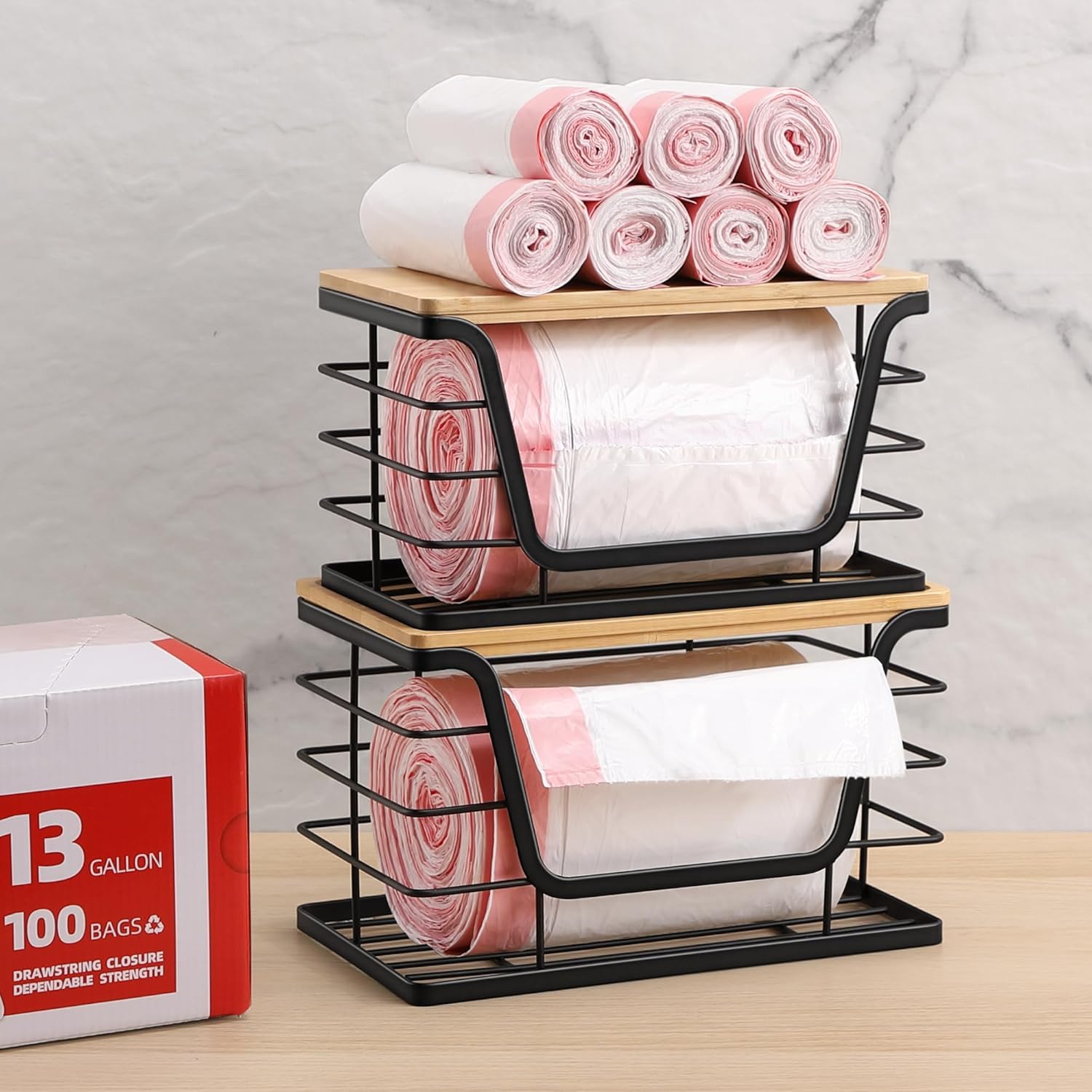 Oillase 2 Set Pantry Organizers and Storage with Bamboo Lids, Stackable Clear Bins for Onion, Potato, Fruit, Vegetables, Trash Bag Dispenser, Kitchen and Under Sink Organizer