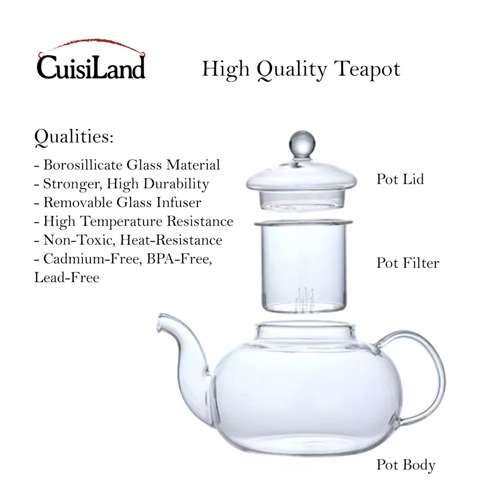 Cuisiland Elegant 800ml Removable Glass Filter Borosilicate Glass Teapot
