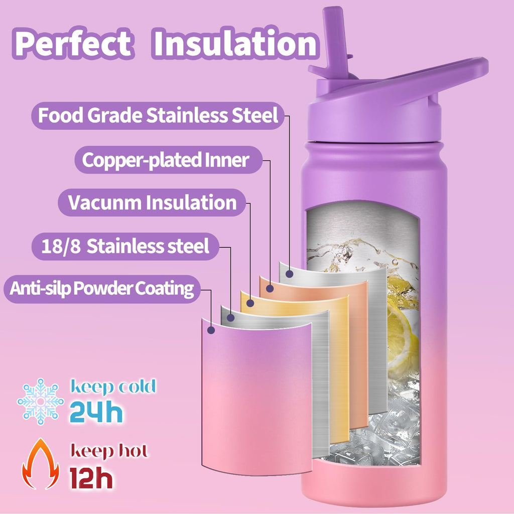 mininoo Girls Kids Water Bottle for School, 16oz Stainless Steel Insulated Water Bottle with Straw Lid (Purple/Pink)