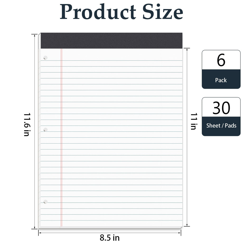 HAUTOCO 6 Pack Legal Pads 8.5 x 11 White Wide Ruled Notepads Perforated Writing Pads, 30 Sheets Per Notepad, 3-Hole Punched Lined Paper, Writing Note Pads for School, Home, Office, Business