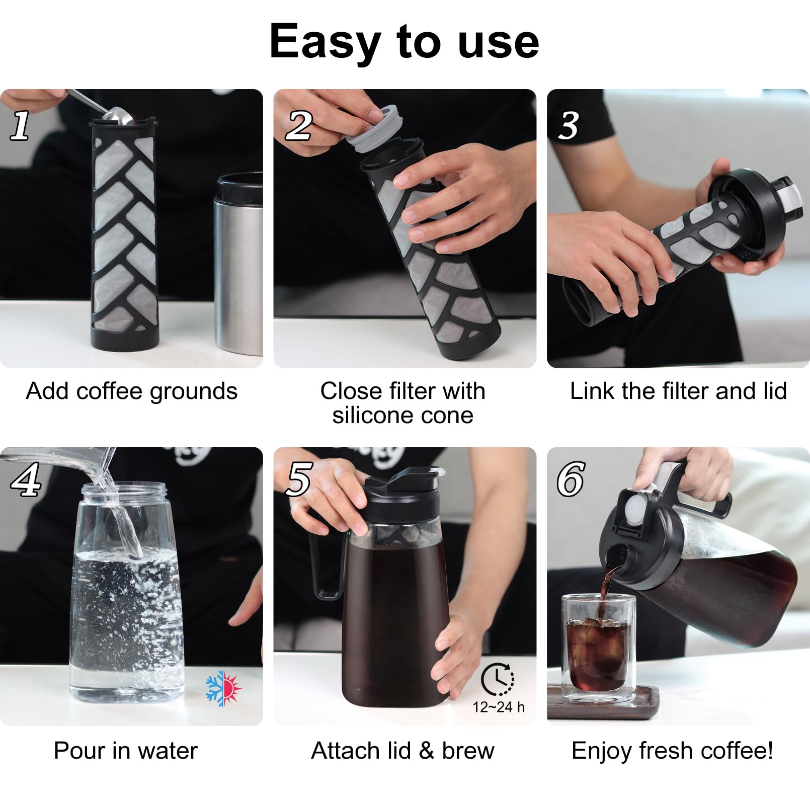 Sivaphe Large Ice Cold Coffee Maker 2 Quart, Dishwasher Safty Traitan Carafe Pitcher Leak Proof, Reusable Filter 64 oz Iced Coffee Tea Method Brewer