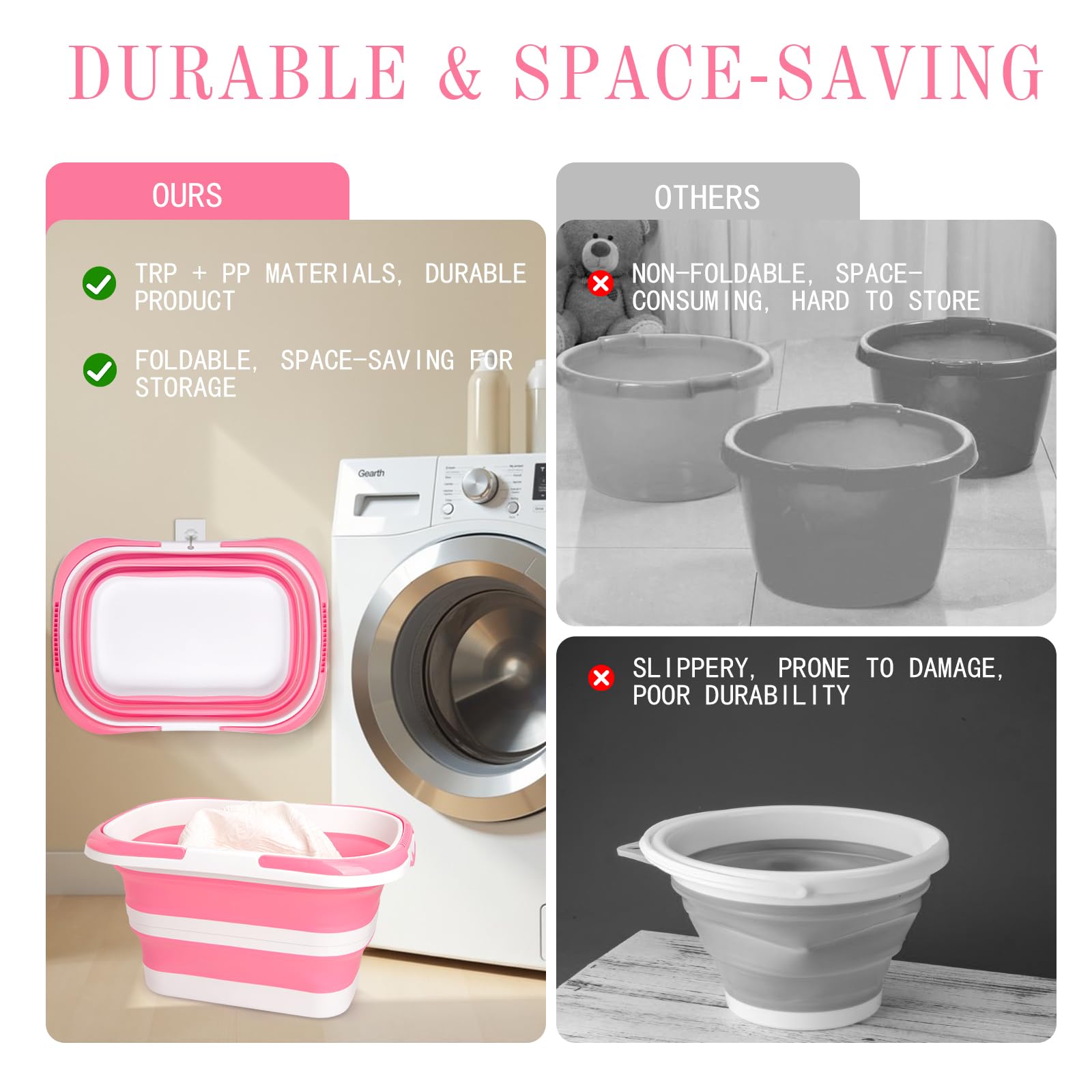 XXFLOWER 16L Collapsible Cleaning Bucket with Handle, Silicone Foldable Bucket, Indoor & Outdoor Space-Saving for Home Storage, House Cleaning, Car Wash, Camping & Beach, Pink-White