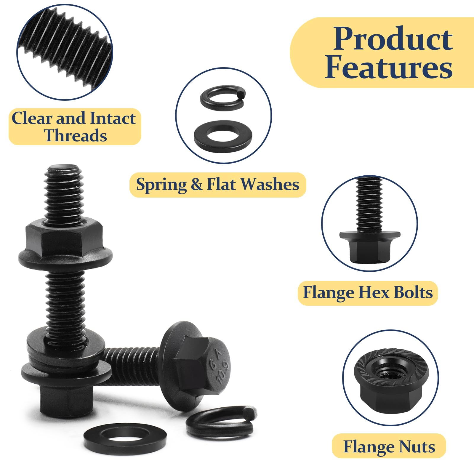 Vifmy M6-1.0 x 12/16/20/25/30mm Flange Hex Head Bolts Assortment Kit (240 Pack) with Serrated Flange Nuts,Washers & Lock Spring Washers,Hex Head Screw,Alloy Steel Black Oxide Finish Plated Full Thread