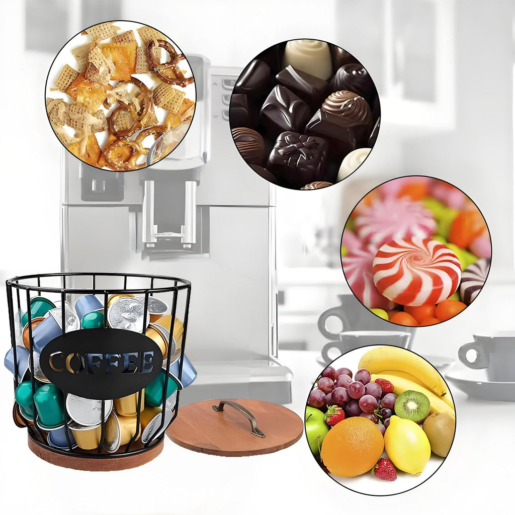 MYTOAU Coffee Pod Holder with Lid, Large Capacity K Cup Holder, Rustic Wooden Base, Black Wire Storage Basket for Kitchen Countertop, Coffee Bar Organizer
