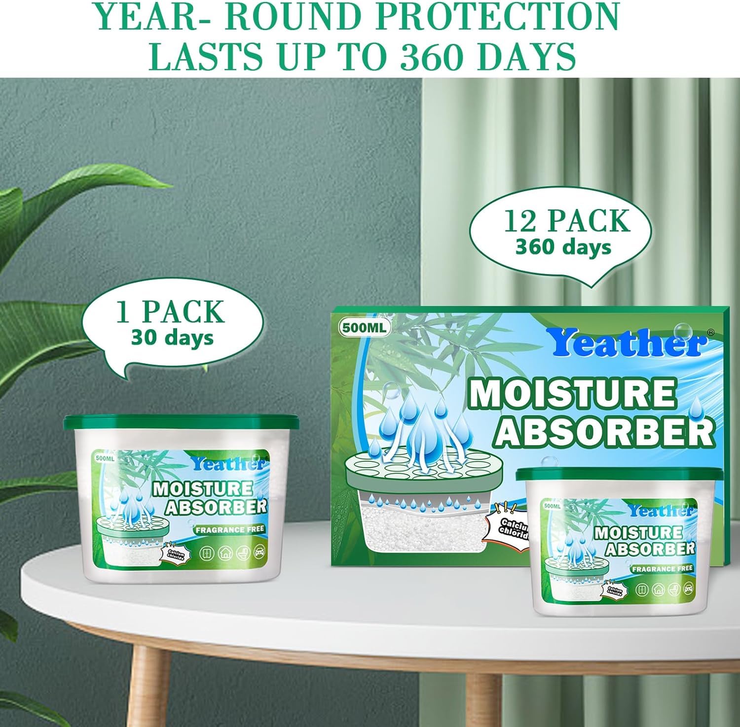YEATHER 12 Pack Fragrance Free Moisture Absorber, 16.9OZ Portable Dehumidifier Moisture Absorber for Closet Bathroom, Wardrobes, Kitchen, Laundry (Green)