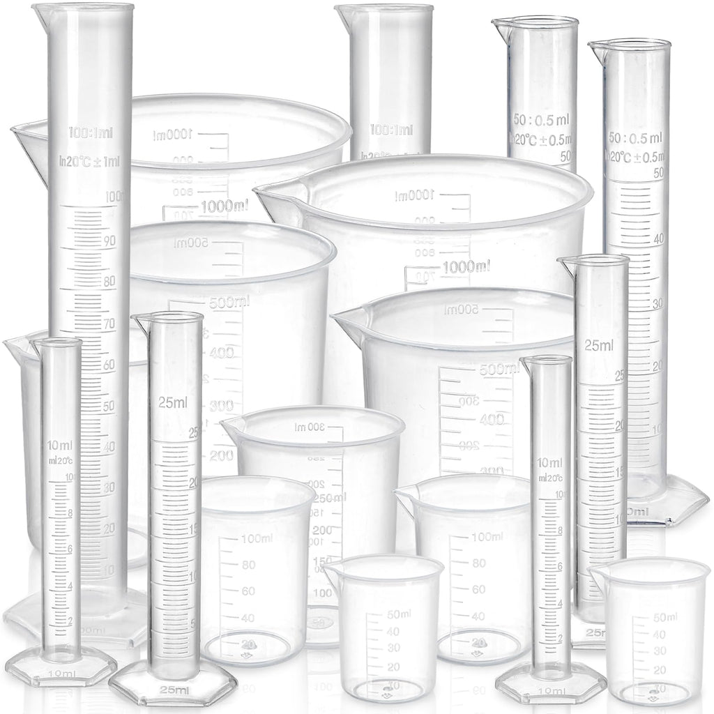 Bekith 18 Pack Plastic Clear Graduated Cylinders and Measuring Beakers Set, 10ml, 25ml, 50ml, 100ml Cylinders with 50ml, 100ml, 250ml, 500ml, 1000ml Beakers