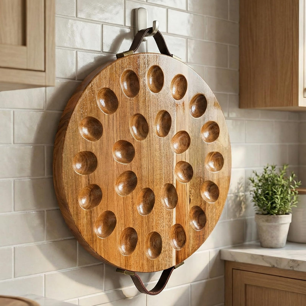 Hiceeden Acacia Wood Deviled Egg Platter with Handles for Easter, 24 Holes Round Deviled Egg Tray Container, Reversible Charcuterie Board Egg Plate Serving Tray for Countertop