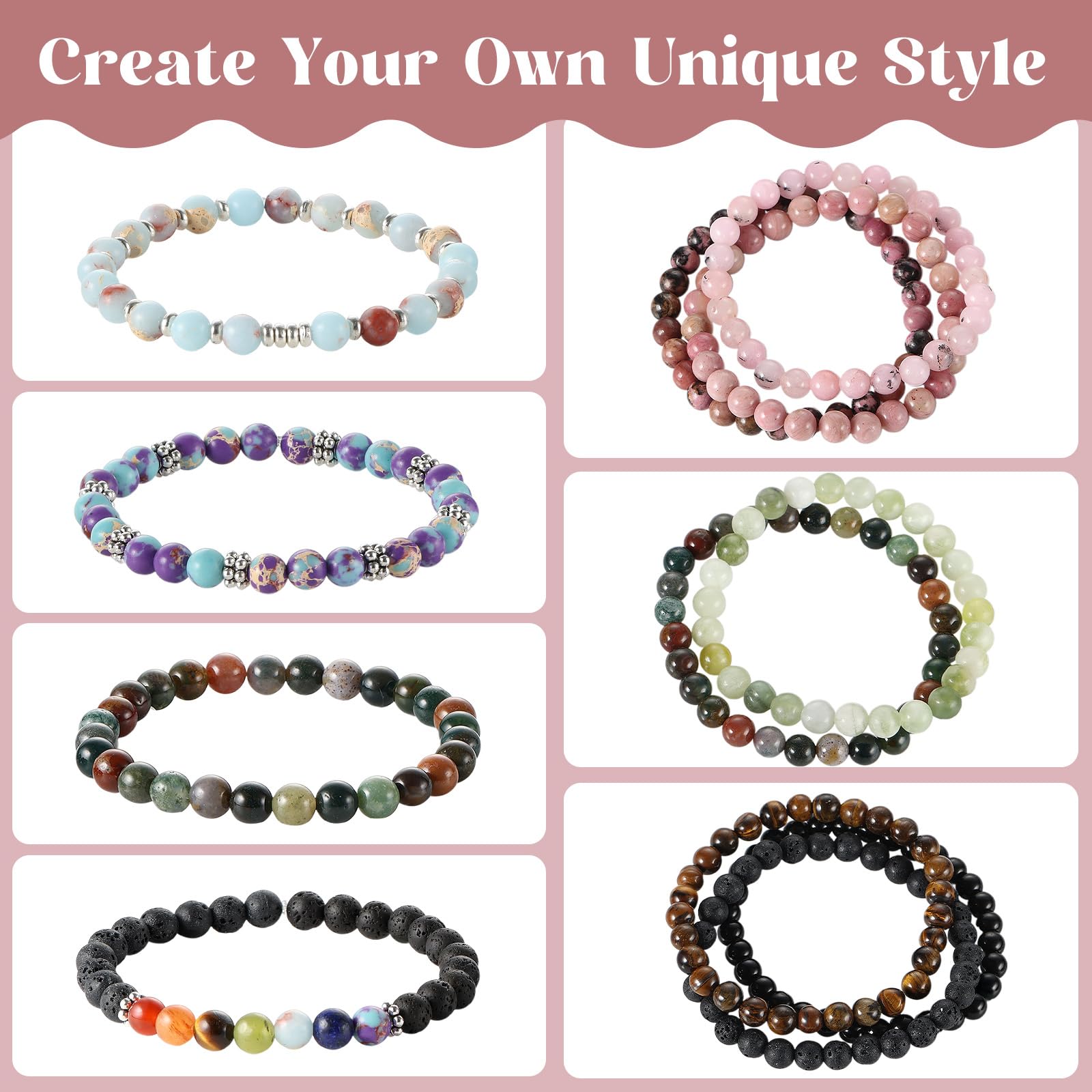 Zefy 996 Pcs 6mm Natural Stone Beads, Round Crystal Bead Genuine Real Stones, Gemstone Beads Kit with Spacer Bead Charms for Bracelets Jewelry Making (20 Colors)