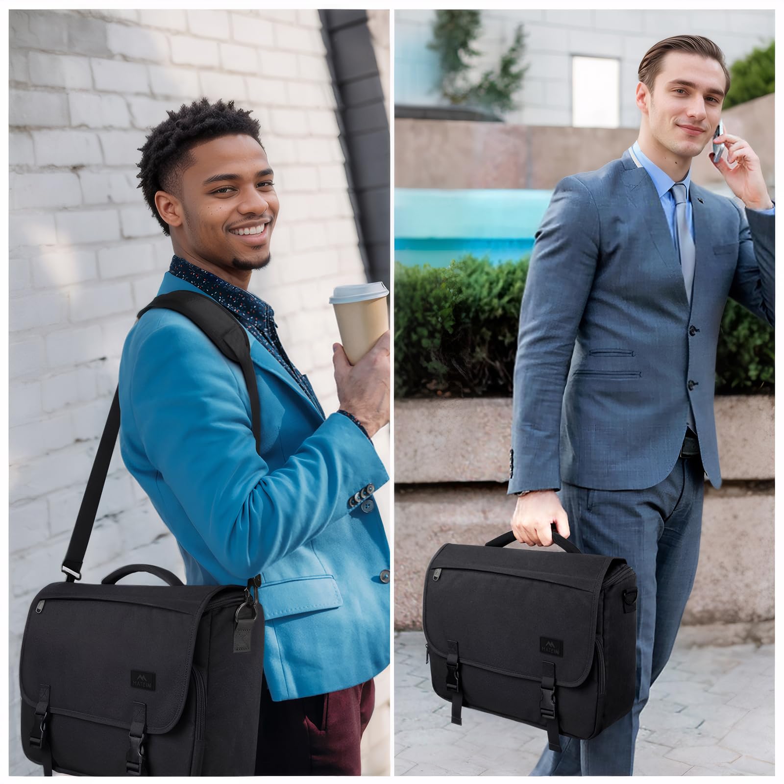 Messenger Bag for Men, Laptop Bag 15.6 Inch, Water Resistant Canvas Shoulder Bag Nylon Crossbody Bag for Women with Detachable Shoulder Strap Black