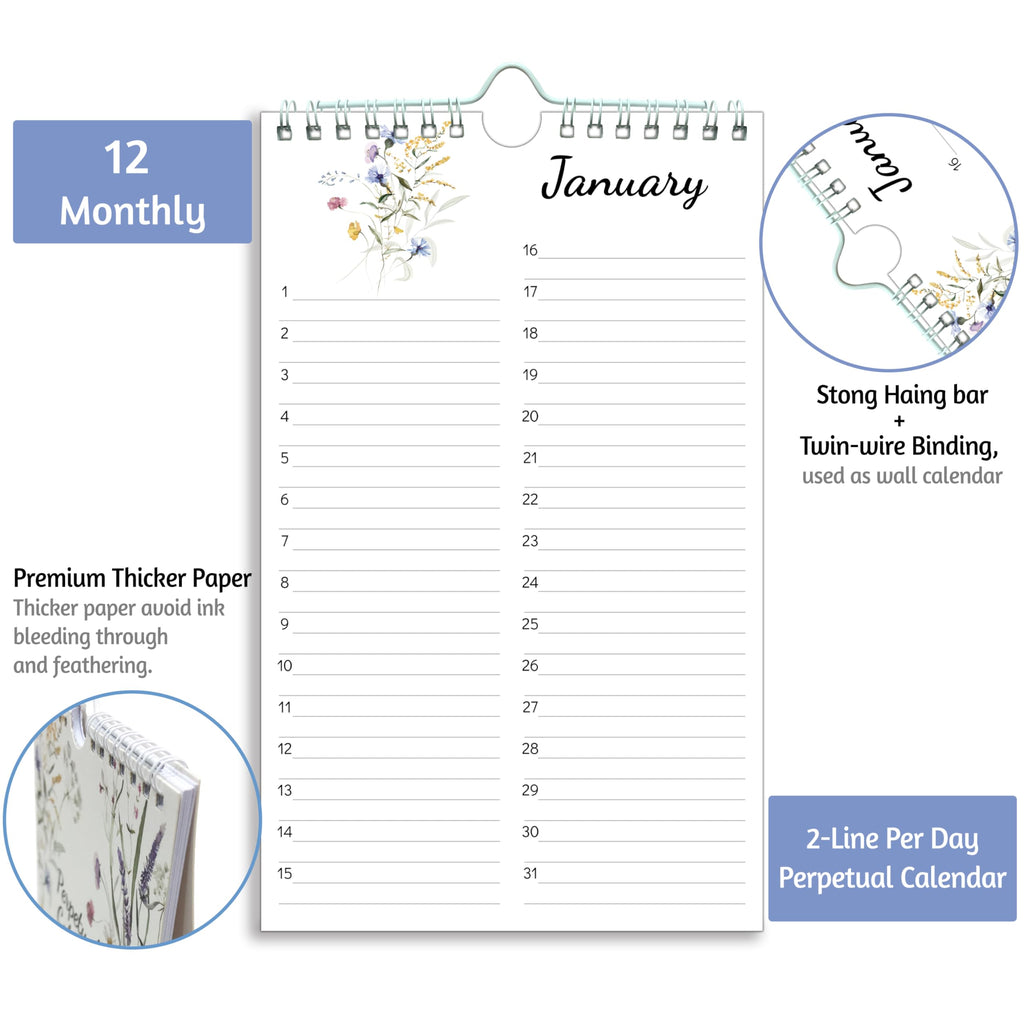 Perpetual Calendar – Undated Calendar 12-Month for Birthday, Anniversaries, Important Days, Festivals Reminder, 6'' x 10'' with 2 Lines Per Days, Twin-wire Binding, Thicker Paper, Minimalist Flowers