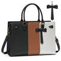 RAINSMORE Elegant Laptop Tote Bag Women 15.6 Inch PU Vegan Leather Computer Work Shoulder Bag Waterproof Briefcase For Business Casual Office Nurse Crossbody Bag With Bow Black & White & Brown