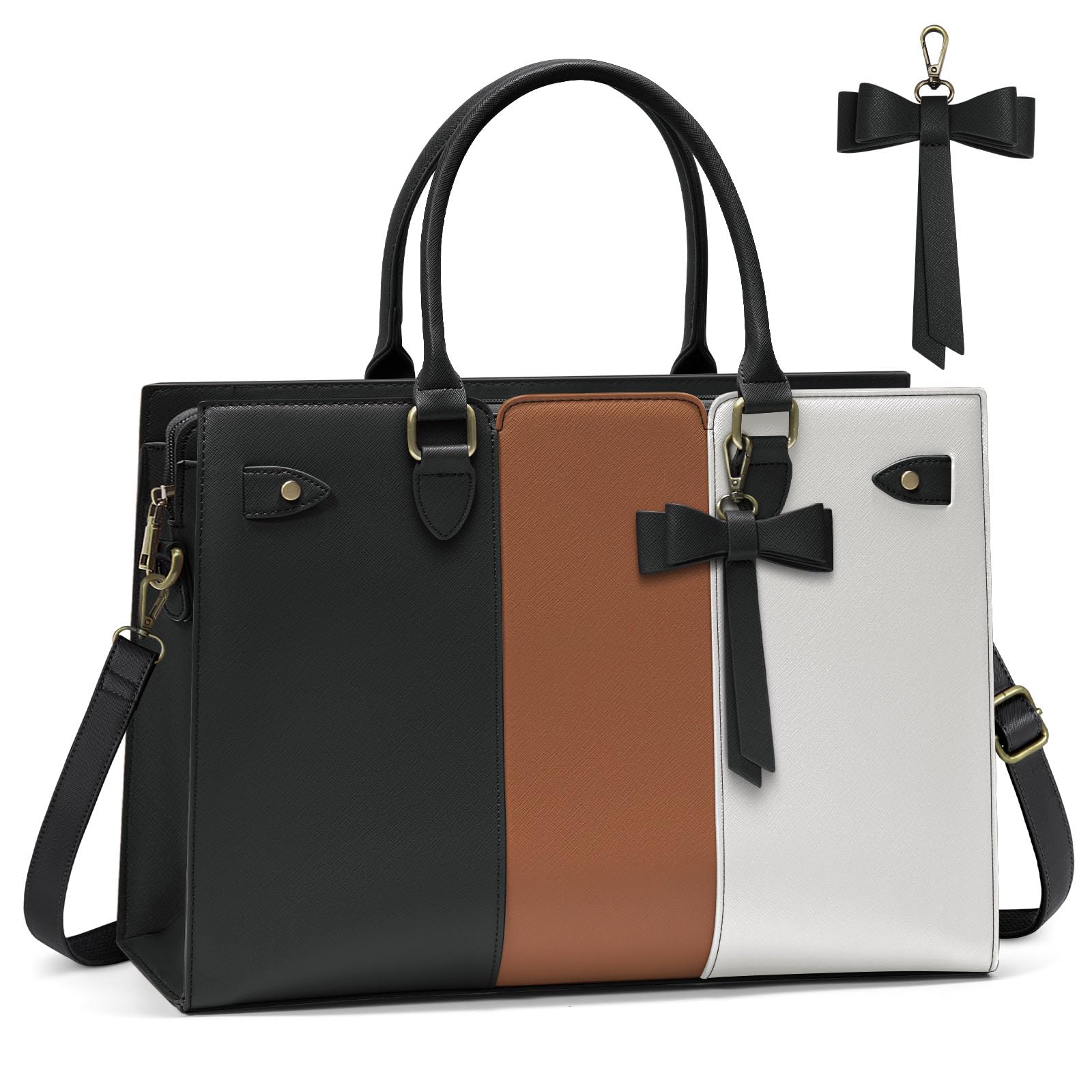 RAINSMORE Elegant Laptop Tote Bag Women 15.6 Inch PU Vegan Leather Computer Work Shoulder Bag Waterproof Briefcase For Business Casual Office Nurse Crossbody Bag With Bow Black & White & Brown