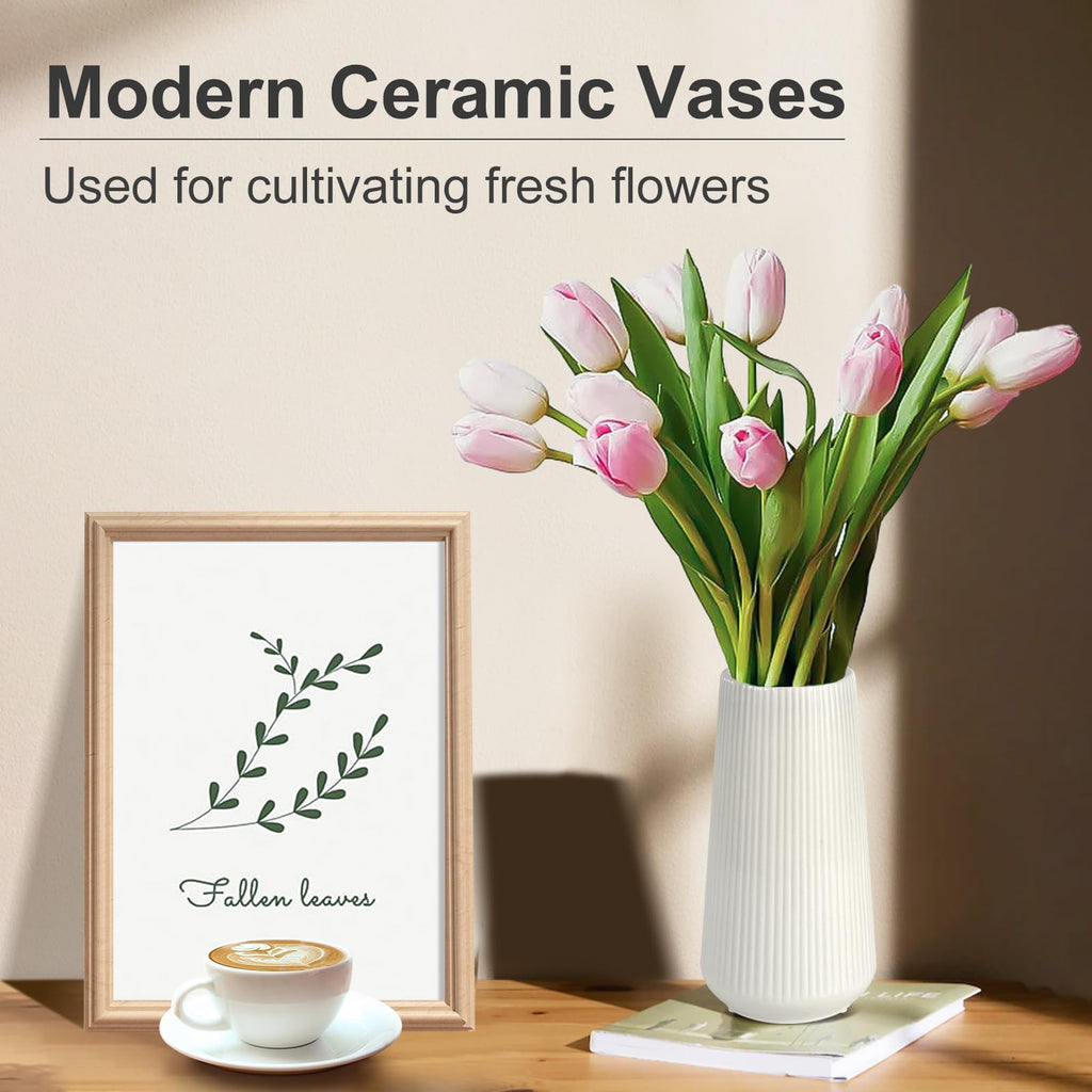 White Ceramic Vase, GUKJOB Flower Vase Ceramic Vase for Flowers, Decorative White Vase for Pampas Grass, Small Vase for Home Living Room Dining Table Farmhouse Office Decor (White)