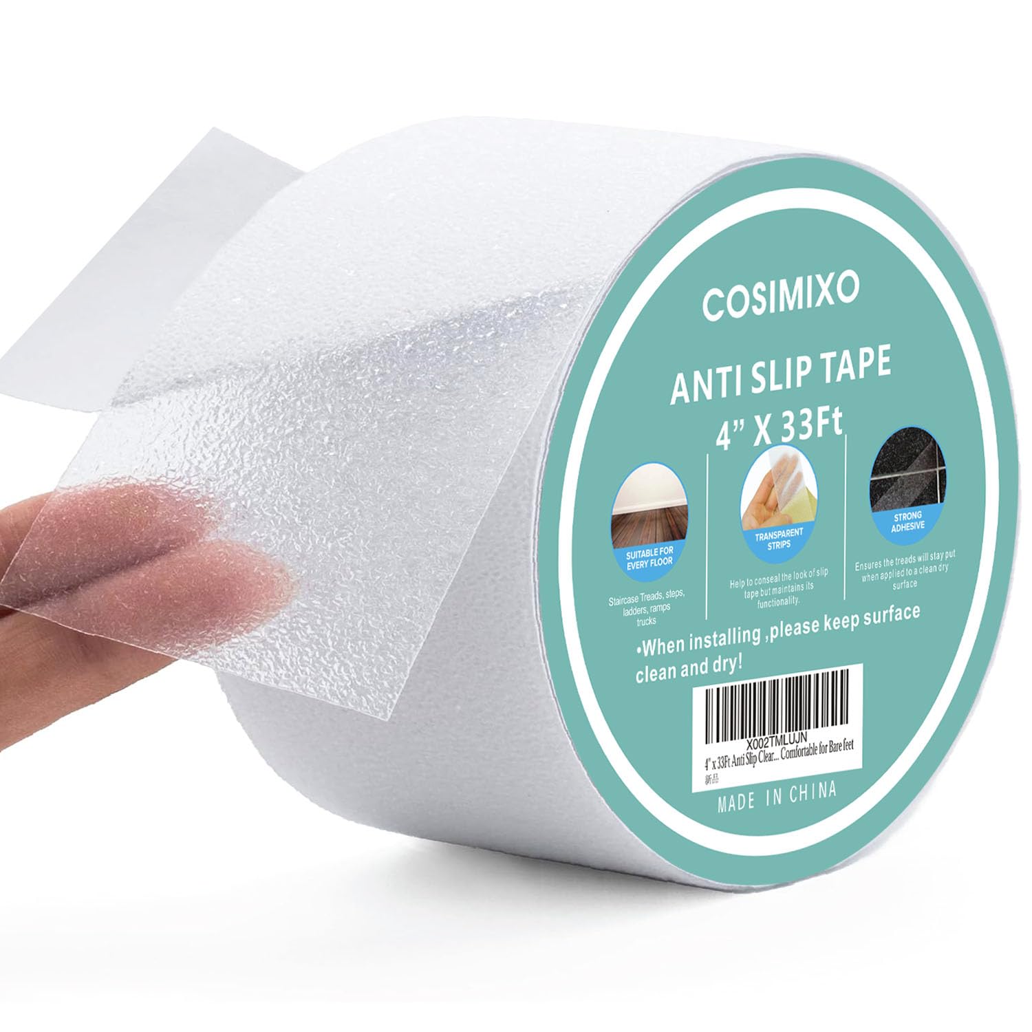 COSIMIXO 4" x 33Ft Clear Anti Slip Tape Waterprooft, Non-Slip Stair Treads Tape Traction, Boats, Stairs, Transparent, Soft, Comfortable for Bare feet