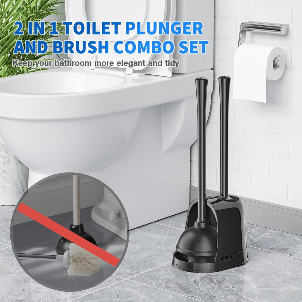 Toilet Plunger and Brush, 2-in-1 Bowl Brush and Heavy Duty Toilet Plunger Set with Ventilated Holder Combo for 5.3-inch Toilet Drain Bathroom Cleaning (Black)