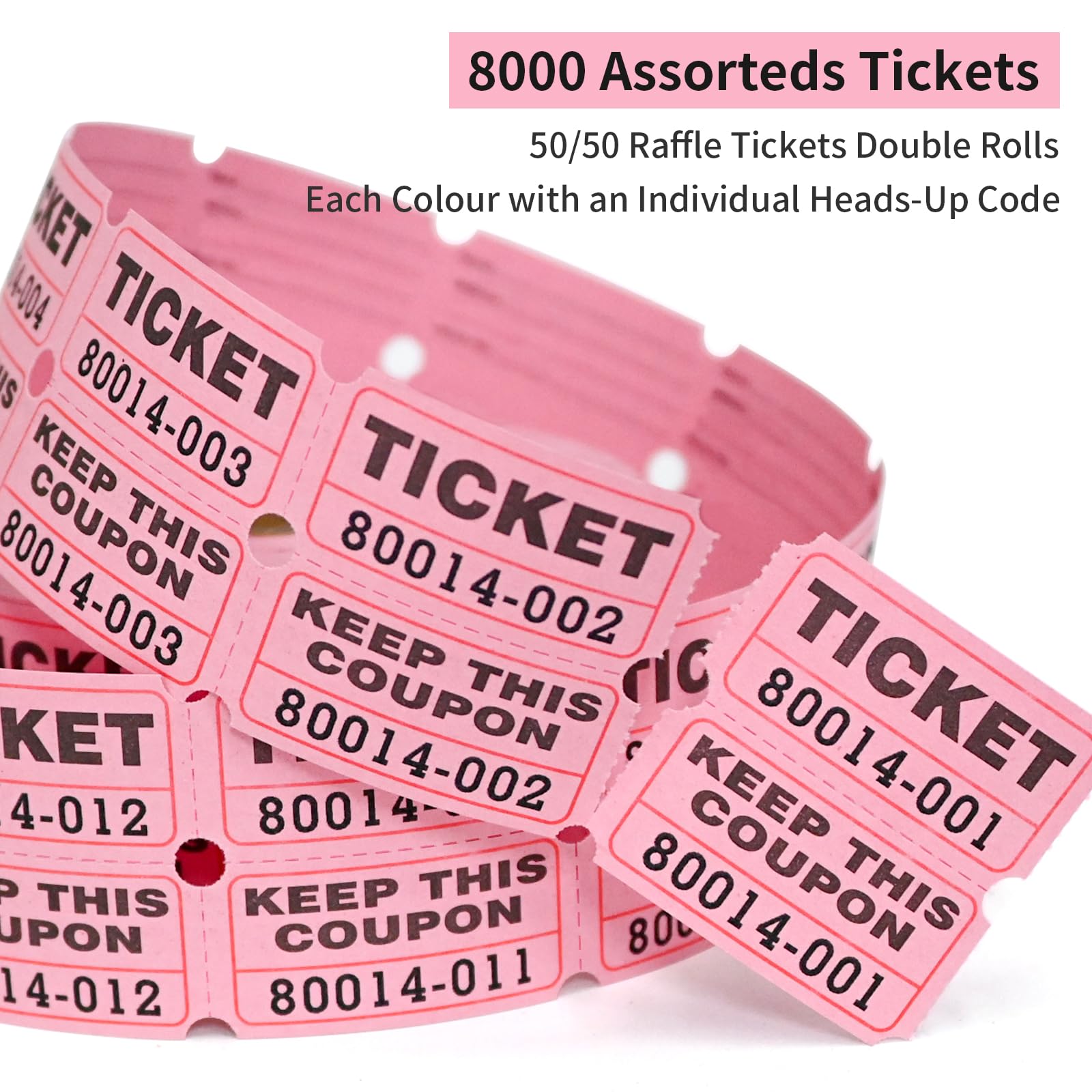 L LIKED 8000 Assorted Raffle Tickets with Consecutive Serial Numbers, 8 Rolls of 1000, 50/50 Raffle Tickets Double Roll for Events (Orange, Blue, Green, Brown, White, Pink, Red, Yellow)