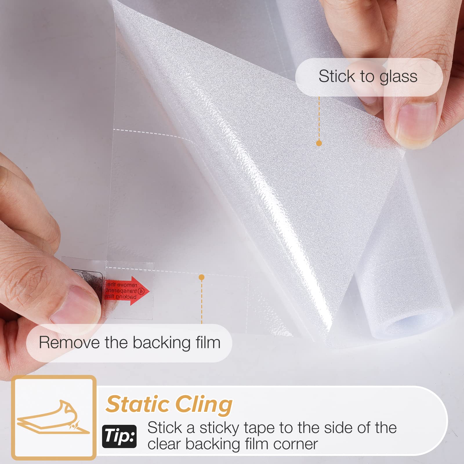 rabbitgoo Window Films for Privacy Frosted Glass Film with Backing Grid Lines Non-Adhesives Privacy Sticker Static Cling Window Covering Decals for Home Office Bathroom Door 60 x 200cm, Pure Frosted