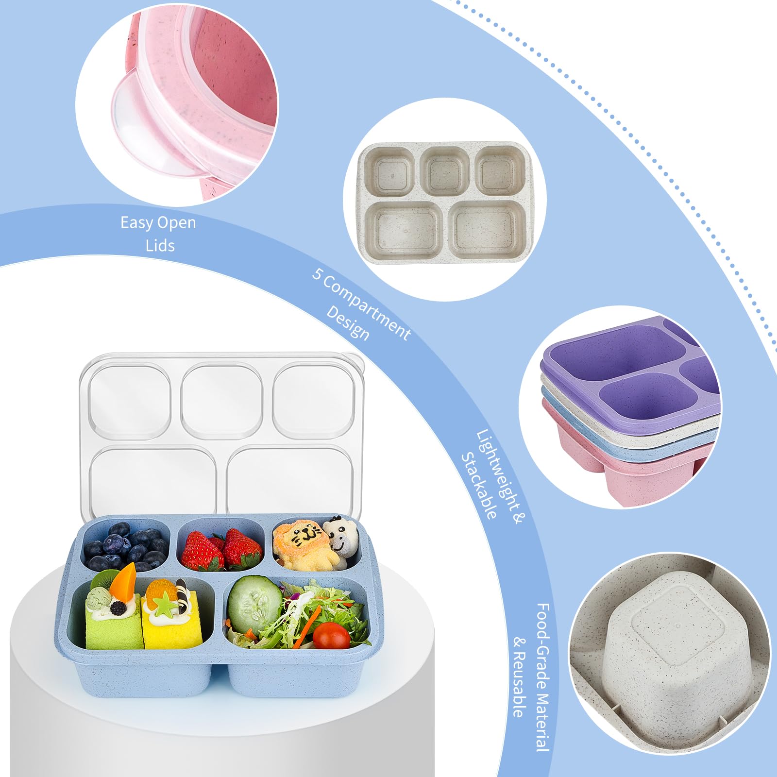 MaMix Bento Box Adult Lunch Box, 5 Compartment Bento Box for Adults 4 Pack, Reusable Stackable Snack Containers for Kids Adults with Utensils, for School, Work, and Travel (Wheat)