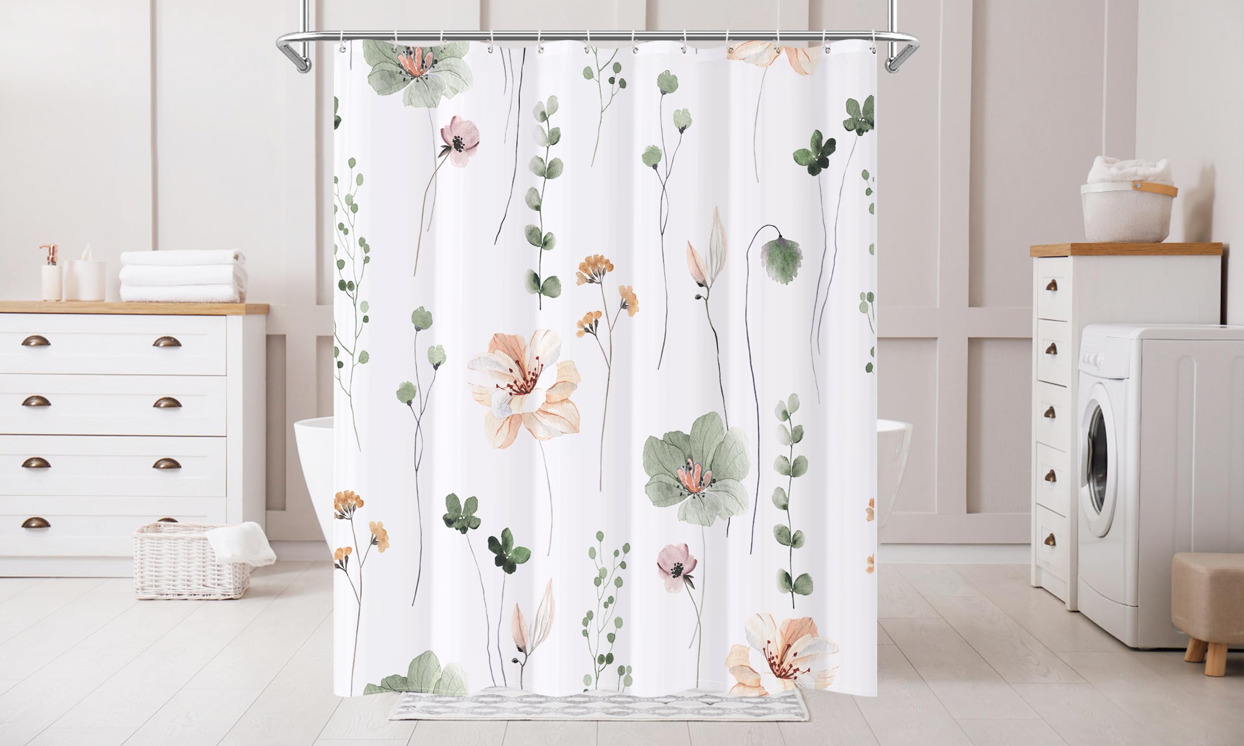 XZTXBest Boho Shower Curtain, Sage Green Beige Flower Bath Curtain for Bathroom, Modern Minimalist White Bathroom Curtain, Mildew Resistant, Weighted Hem, Waterproof Fabric with 12 Hooks 72x72 Inches