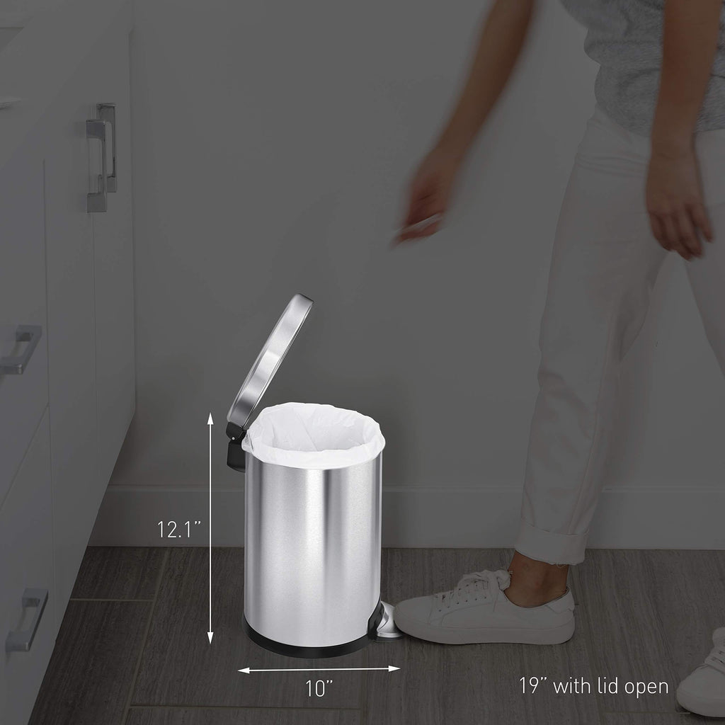 simplehuman 4.5 Liter / 1.2 Gallon Compact Stainless Steel Round Bathroom Step Trash Can, White Stainless Steel