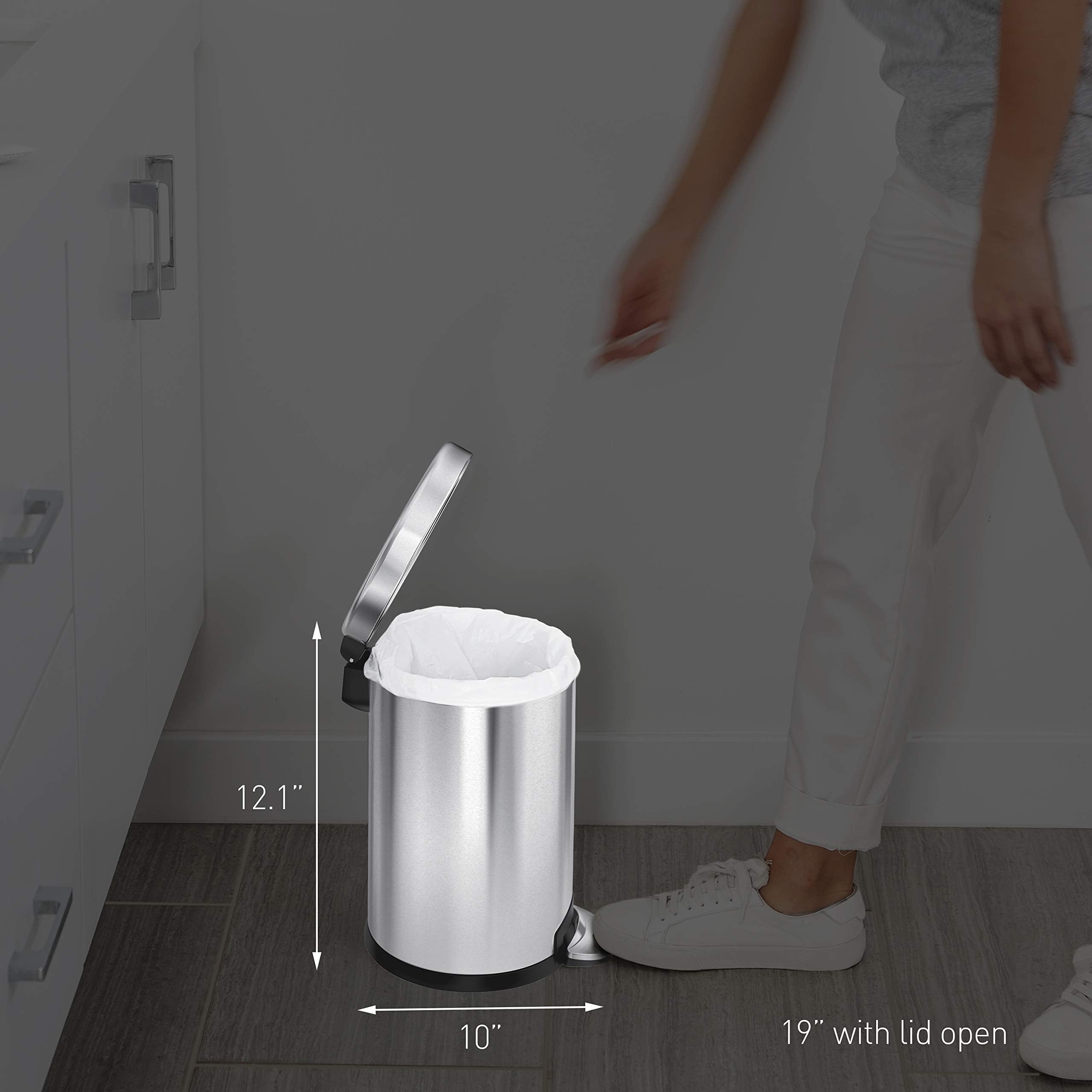 simplehuman 4.5 Liter / 1.2 Gallon Compact Stainless Steel Round Bathroom Step Trash Can, White Stainless Steel