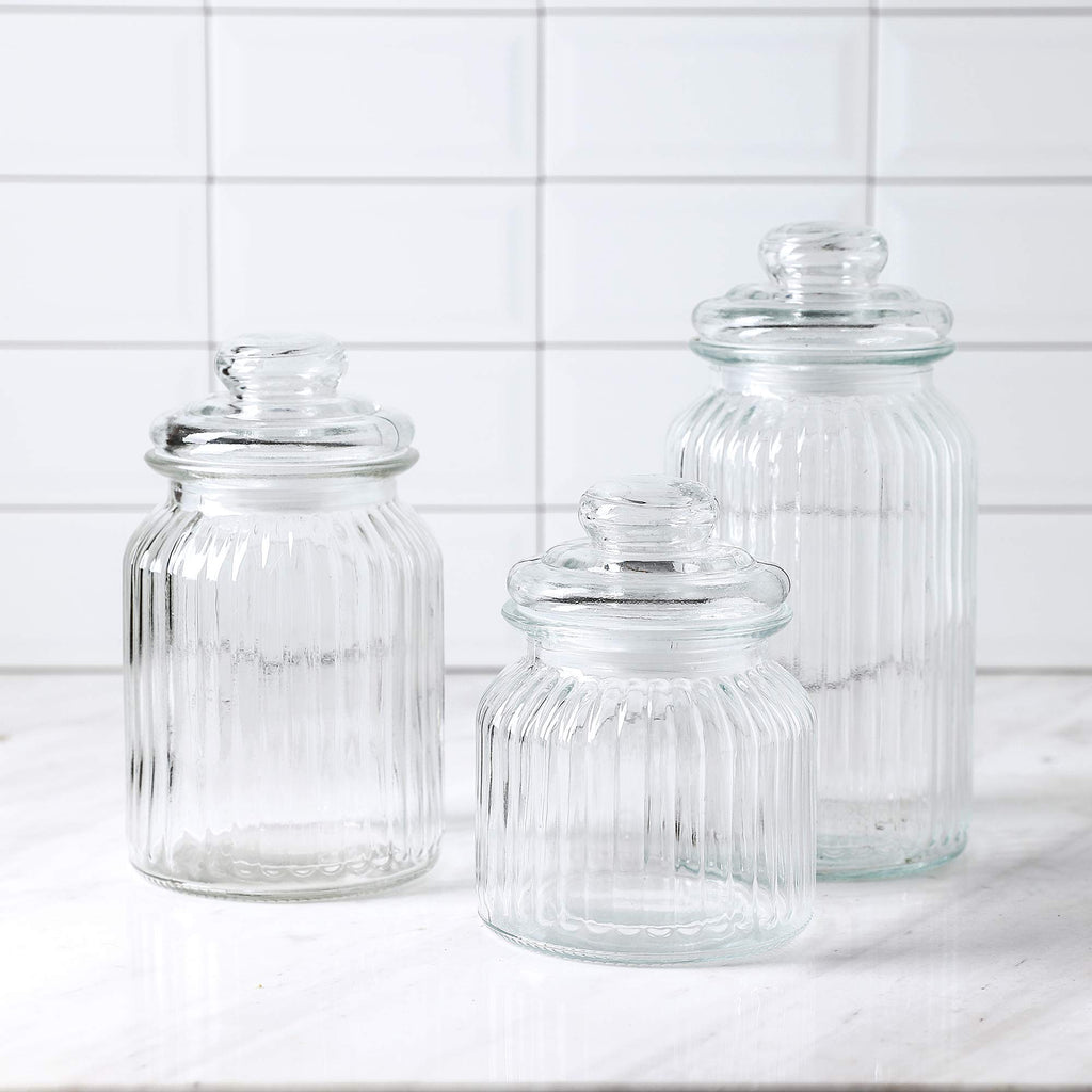 Gala Houseware Airtight Glass Storage Canisters, Set of 3 Clear Glass Storage Jars Bottles, Kitchen Food Storage Containers and Pantry Organizer (D: 4.4" x H.: 5.7" / 7.3" / 9.3")