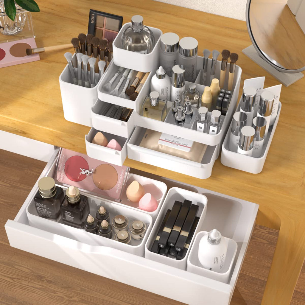 Makeup Organizer with Drawers, Countertop Organizer for Vanity, Bathroom and Bedroom Desk Cosmetics Display Case for Brushes, Lotions, Perfumes, Eyeshadow, Lipstick and Nail Polish