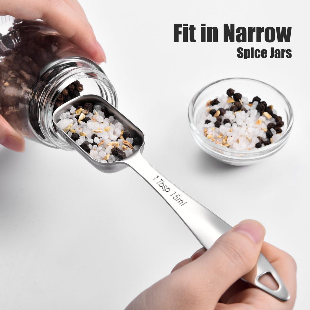 8-Piece Square Measuring Spoons with Leveler: Doosu 18/8 Stainless Steel Narrow Tablespoon Teaspoon Set for Measure Dry & Liquid Ingredients, Kitchen Rectangular Spice Jar Scoop with Long Handle