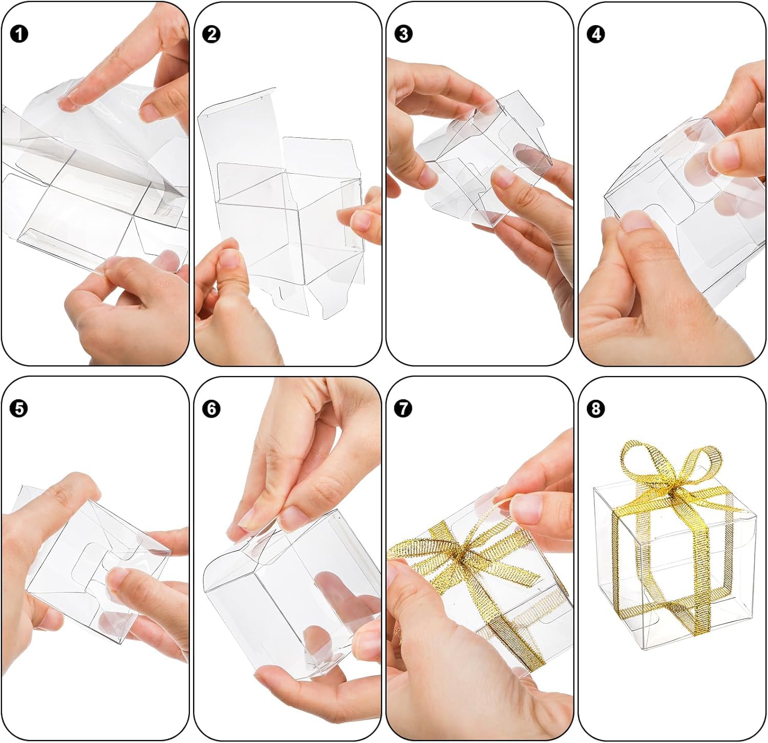 Nicunom 120 Pack 2x2x2 Inch Clear Favor Boxes with Ribbons, Small Plastic Gift Boxes Mini Transparent Cube Individual Candy Macaron Packaging Box for Wedding Birthday Party Baby Shower Treats