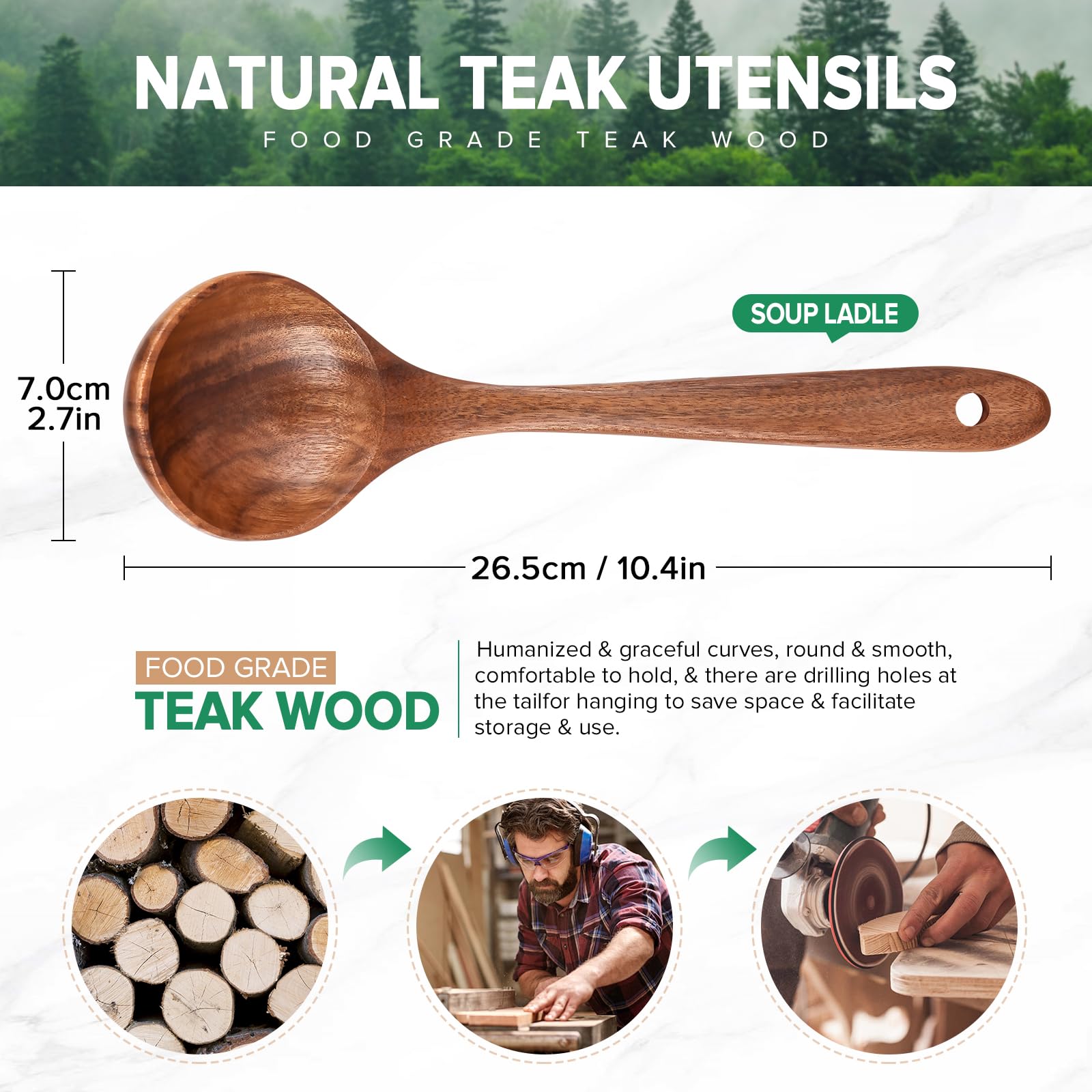 PETHOMKIT Wooden Soup Spoon, Teak Soup Ladle, 10.6" Long Handle, 1 Piece, BPA Free, Brown, Kitchen Ladle