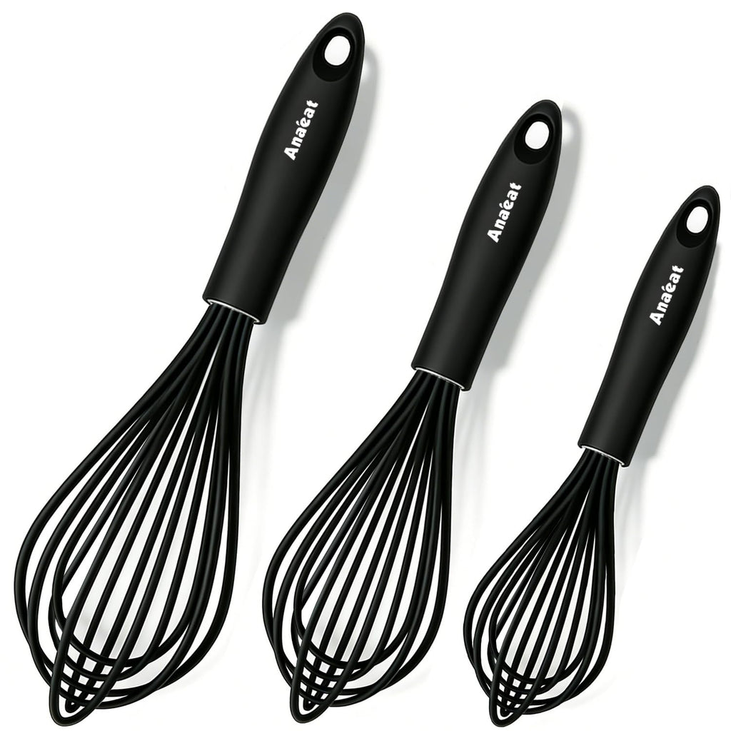 Anaeat Silicone Whisk Set, Thick Stainless Steel Wire Inner, Heat Resistant & Non-Stick Cookware Kitchen Whisks, Milk and Egg Beater Blender, Balloon Egg Beater for Cooking, Baking, Beating, Stirring
