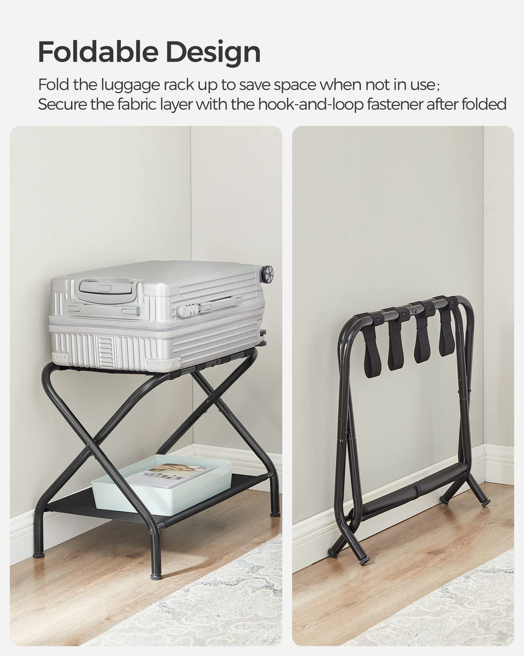 SONGMICS Luggage Rack, Suitcase Stand with Fabric Storage Shelf, for Guest Room, Bedroom, Hotel, Foldable, Holds up to 50 kg, 69 x 38 x 52 cm, Black URLR002B01V1