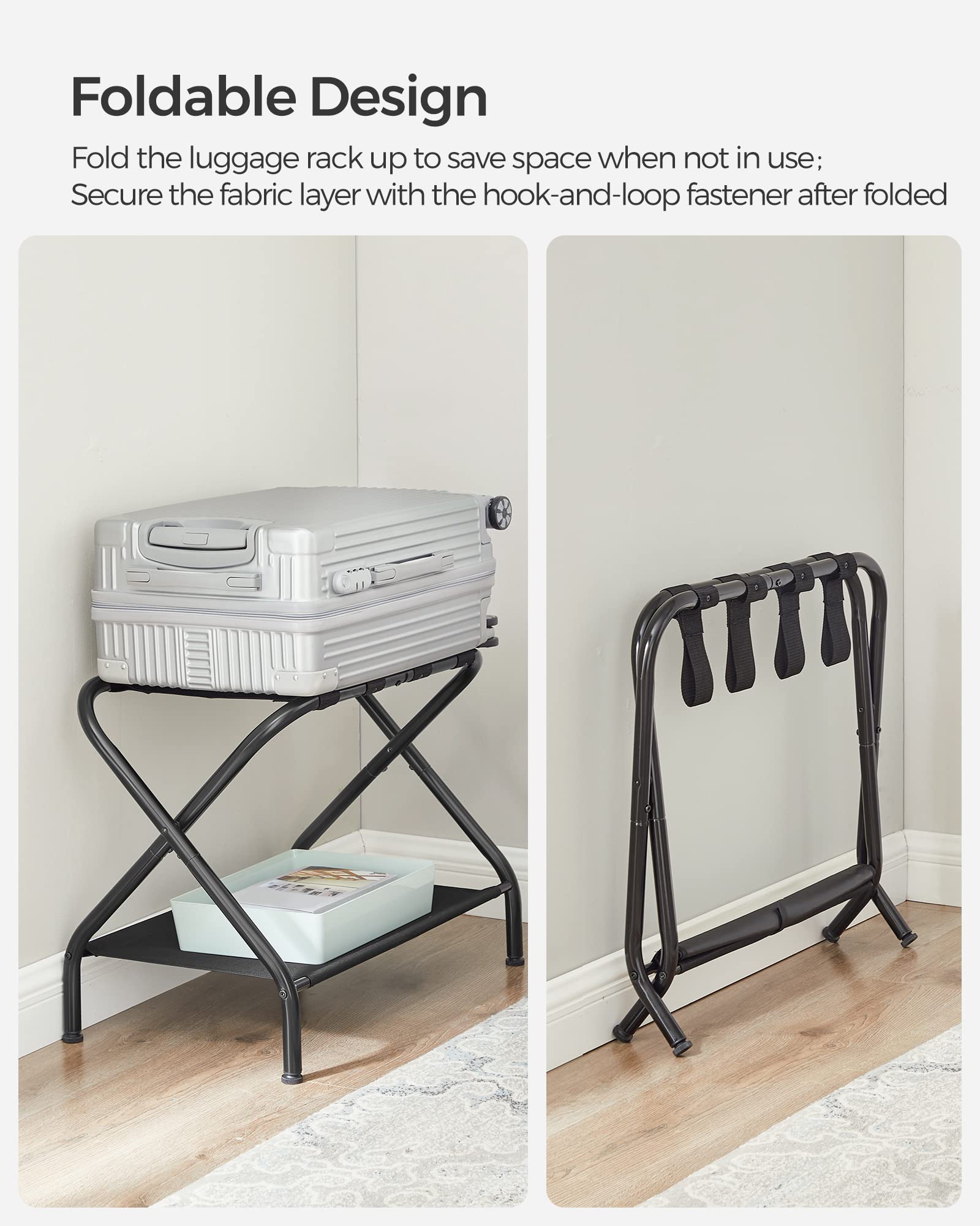 SONGMICS Luggage Rack, Suitcase Stand with Fabric Storage Shelf, for Guest Room, Bedroom, Hotel, Foldable, Holds up to 50 kg, 69 x 38 x 52 cm, Black URLR002B01V1